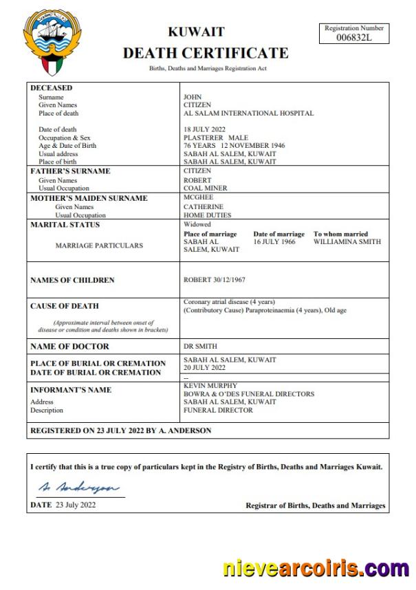 Kuwait death certificate